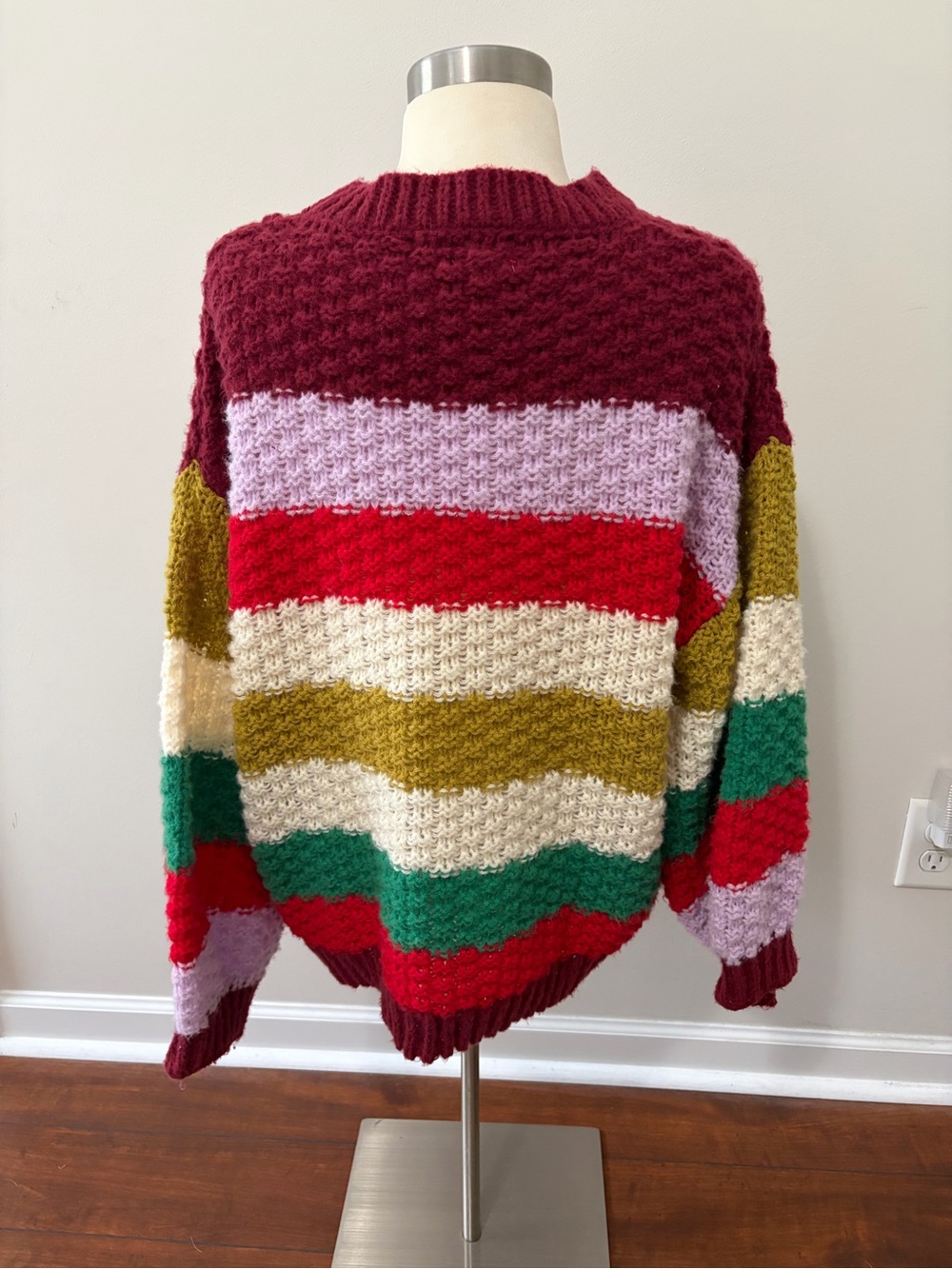 BiBi Multicolor Striped Chunky Crewneck Sweater Sz L Retro Trendy - Picture 3 of 8